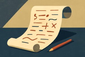 Editorial illustration: A single blank scroll unfurls across a desk, its path marked by abstract lines and editing symbols that resemble no&hellip;