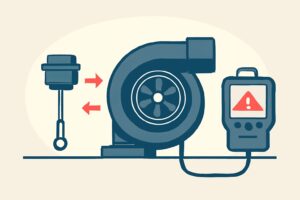 Editorial illustration: A clean, stylized cutaway of a turbocharger on a workbench, with its small wastegate actuator removed and a fresh replacement&hellip;