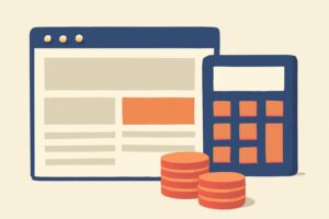 Editorial illustration: A stylized browser window assembled from modular blocks, with a calculator and stacked coins beside it. Use clean geometric forms,&hellip;