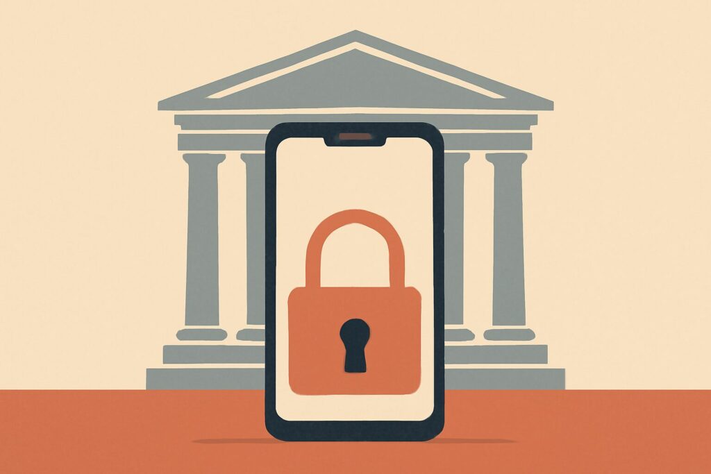 Editorial illustration: A stylized smartphone with a blank screen sits behind a closed padlock, framed by the columns of an abstract neoclassical&hellip;