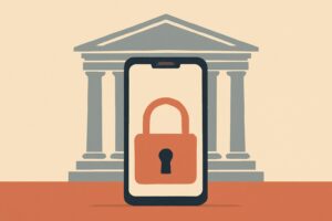 Editorial illustration: A stylized smartphone with a blank screen sits behind a closed padlock, framed by the columns of an abstract neoclassical&hellip;