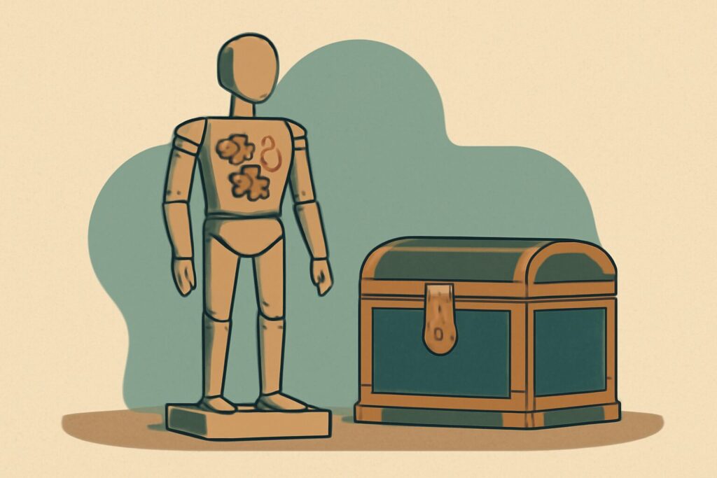 Editorial illustration: A stylized, faceless wooden automaton with visible bronze gears stands on a simple pedestal beside an ancient lacquered tool chest.&hellip;