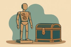 Editorial illustration: A stylized, faceless wooden automaton with visible bronze gears stands on a simple pedestal beside an ancient lacquered tool chest.&hellip;