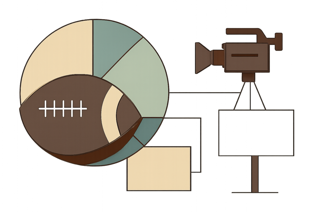 Editorial illustration: A stylized football divided like a pie chart, with one small wedge connected by thin cords to a broadcast camera,&hellip;
