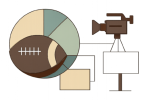 Editorial illustration: A stylized football divided like a pie chart, with one small wedge connected by thin cords to a broadcast camera,&hellip;