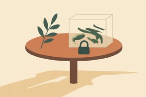 Editorial illustration: A stylized empty round negotiating table holds an olive branch beside a locked transparent box containing disassembled, nonfunctional weapon parts.&hellip;
