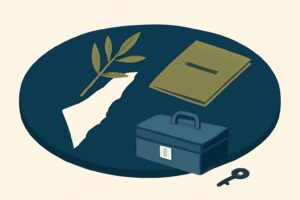 Editorial illustration: A stylized round conference table holds an olive branch over an outline map of Gaza, beside a sealed, textless agreement&hellip;