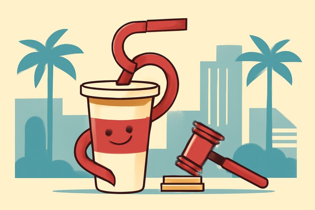 Editorial illustration: A stylized drinking straw curls mischievously around a sealed cup, while a small gavel and stack of coins signal the&hellip;