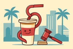 Editorial illustration: A stylized drinking straw curls mischievously around a sealed cup, while a small gavel and stack of coins signal the&hellip;