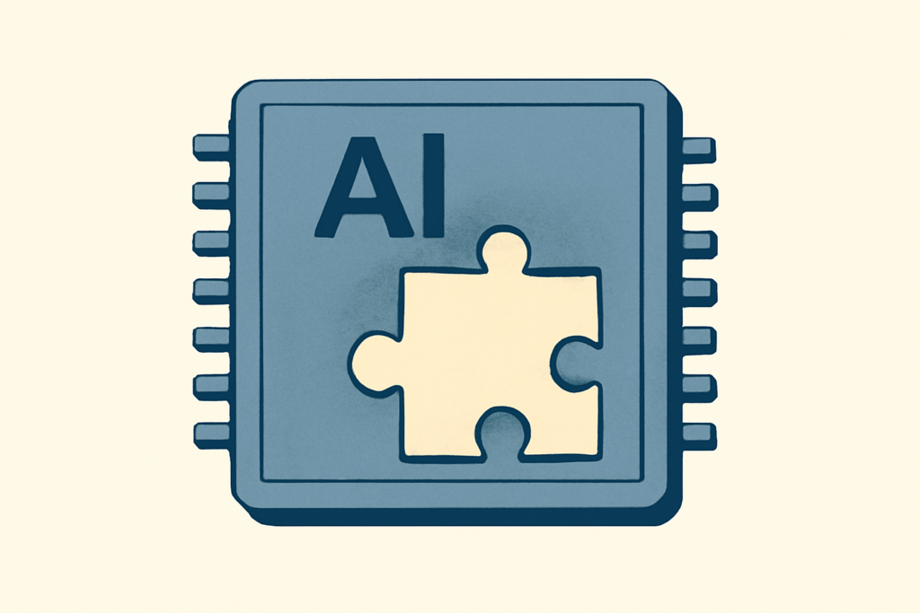 Editorial illustration: A large metallic AI processor encloses a smaller, soft felt puzzle piece in a precise interlocking frame, symbolizing acquisition and&hellip;