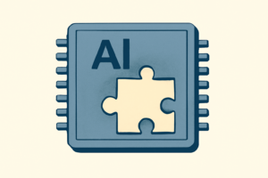 Editorial illustration: A large metallic AI processor encloses a smaller, soft felt puzzle piece in a precise interlocking frame, symbolizing acquisition and&hellip;