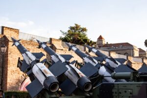 Series of missile launchers displayed at historic Belgrade Fortress in Serbia.
